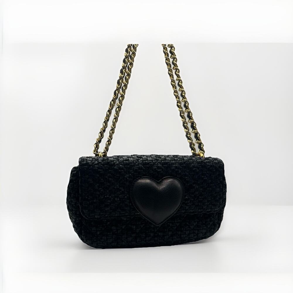Moschino Cheap And Chip Black Wicker Raffia Chain Flap Bag Heart